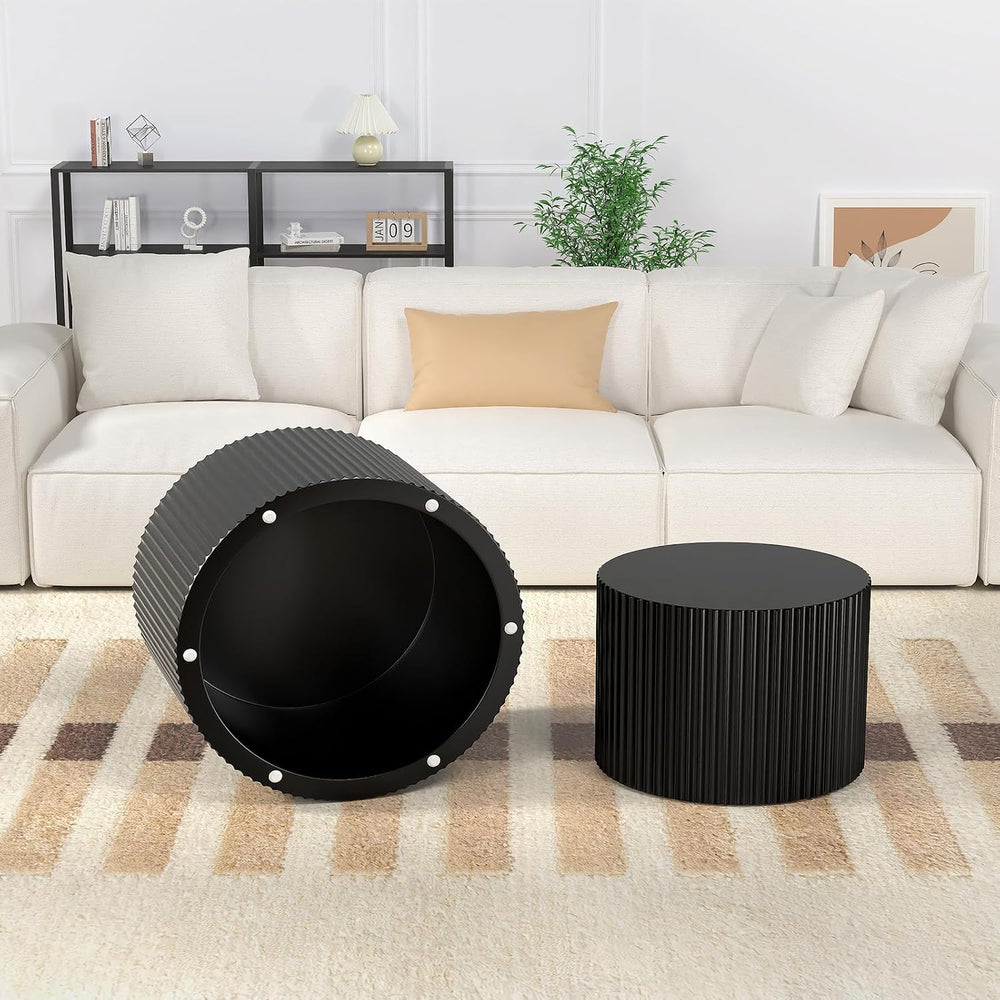Round Wood Coffee Table Set of 2 Nesting Coffee Tables Black 18.9 inch | Mode...