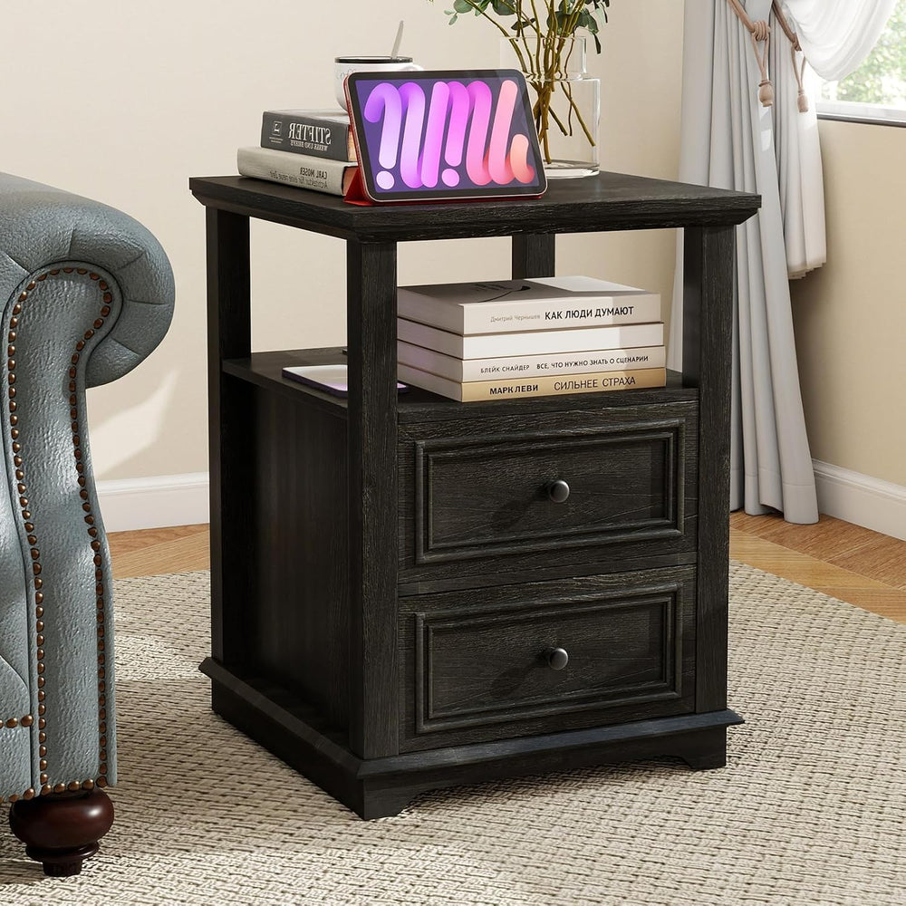MUUEGM Farmhouse Nightstand 18” Brown End Table with Charging Station Rustic ...