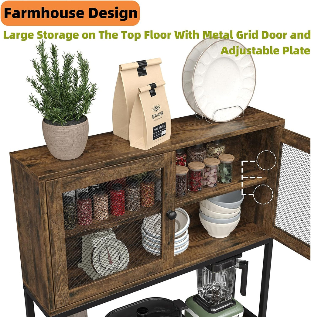 Furniouse 6-Tier Kitchen Bakers Rack with Power Outlet, Industrial Microwave Oven Stand with Shelves, Kitchen Utility Storage Shelf with Cabinet, Standing Storage Rack (Rustic Brown)