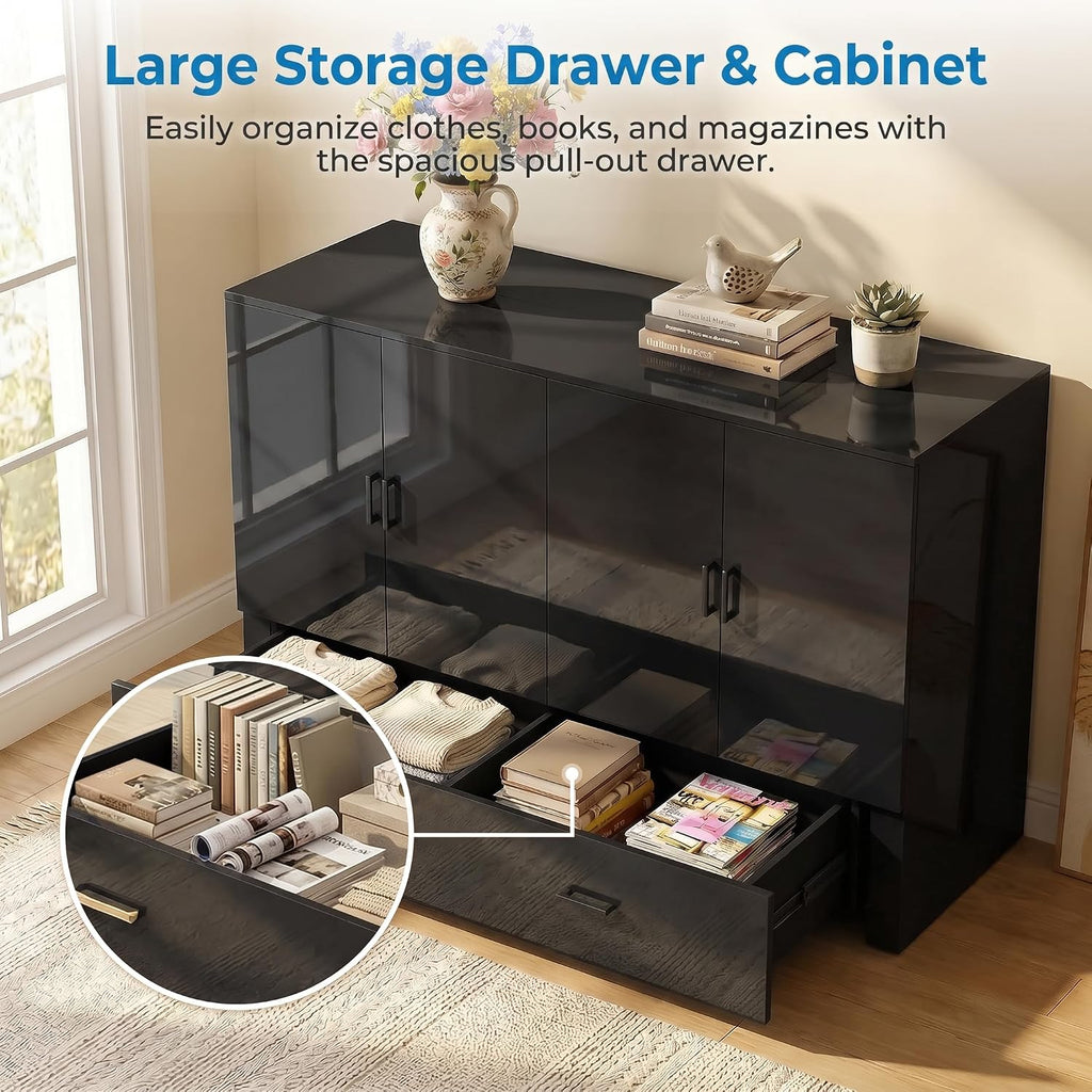 Mjkone 63.4" Width Queen Size Murphy Bed Cabinet with Tri-Folding Mattress Included, High Gloss MDF Storage Cabinet Guest Bed Chest Cabinets with 16 Colors of LED Lights for Home Offices, Black