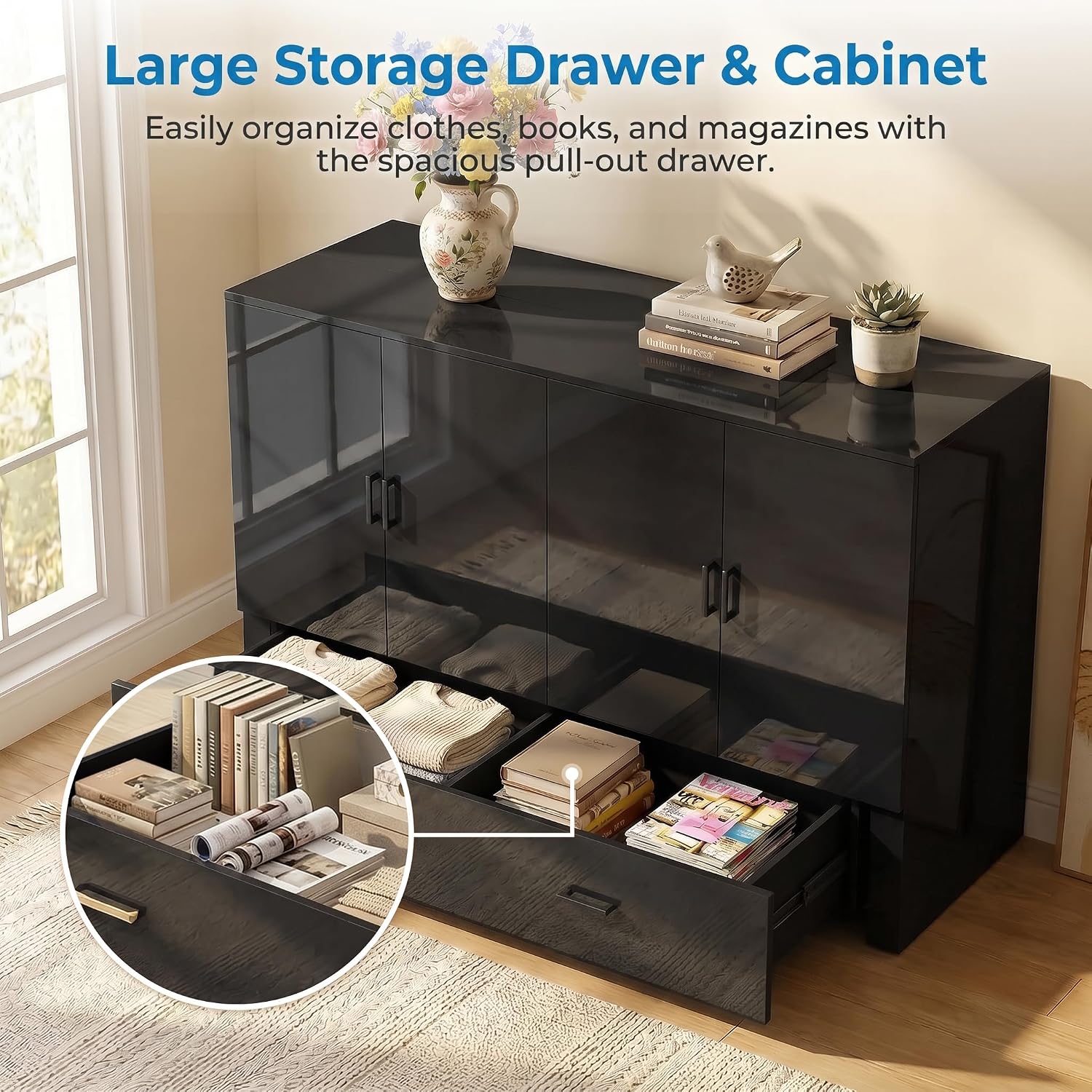 Mjkone 63.4" Width Queen Size Murphy Bed Cabinet with Tri-Folding Mattress Included, High Gloss MDF Storage Cabinet Guest Bed Chest Cabinets with 16 Colors of LED Lights for Home Offices, Black
