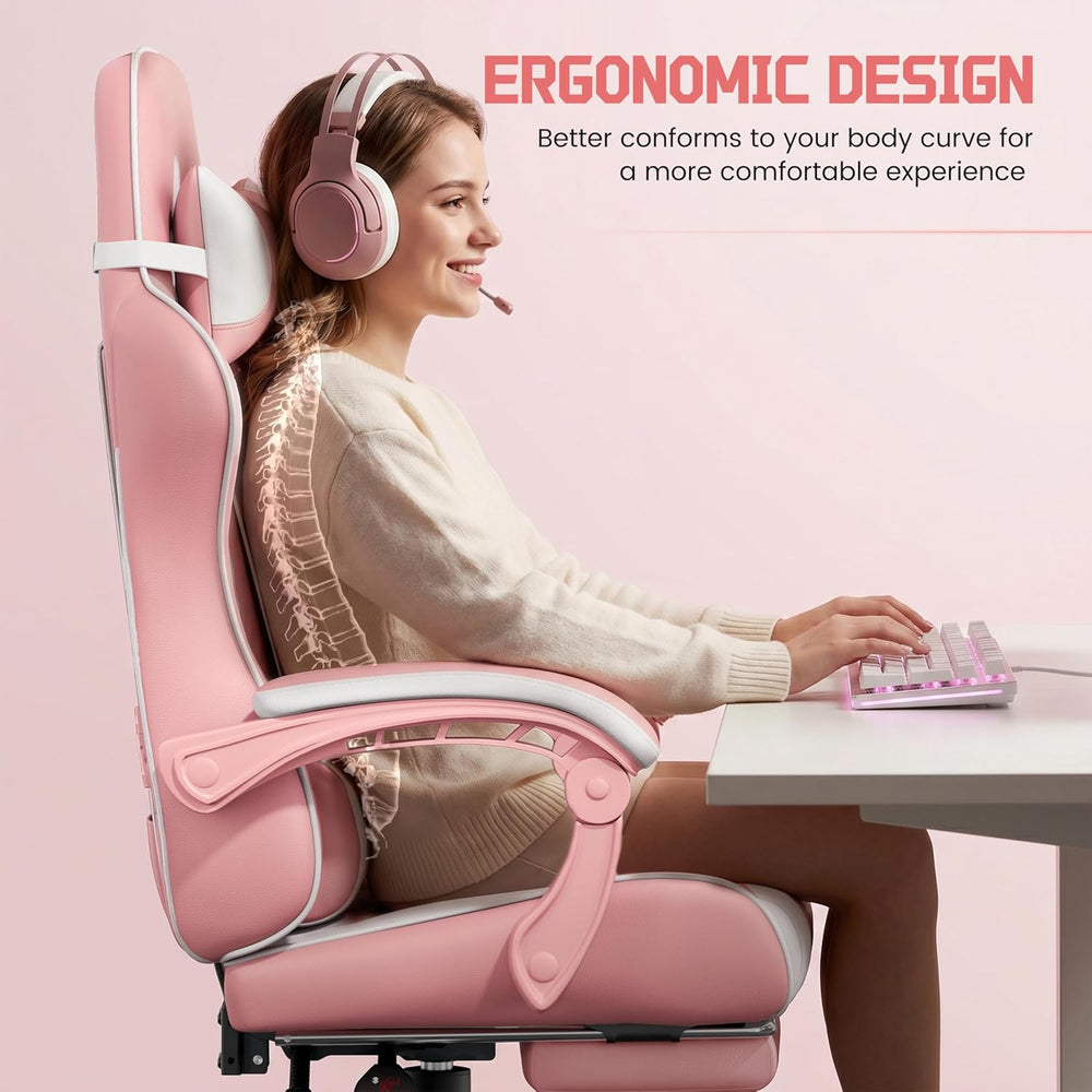Yaheetech Gaming Chair with Footrest Massage Lumbar Pillow Pink and White | F...