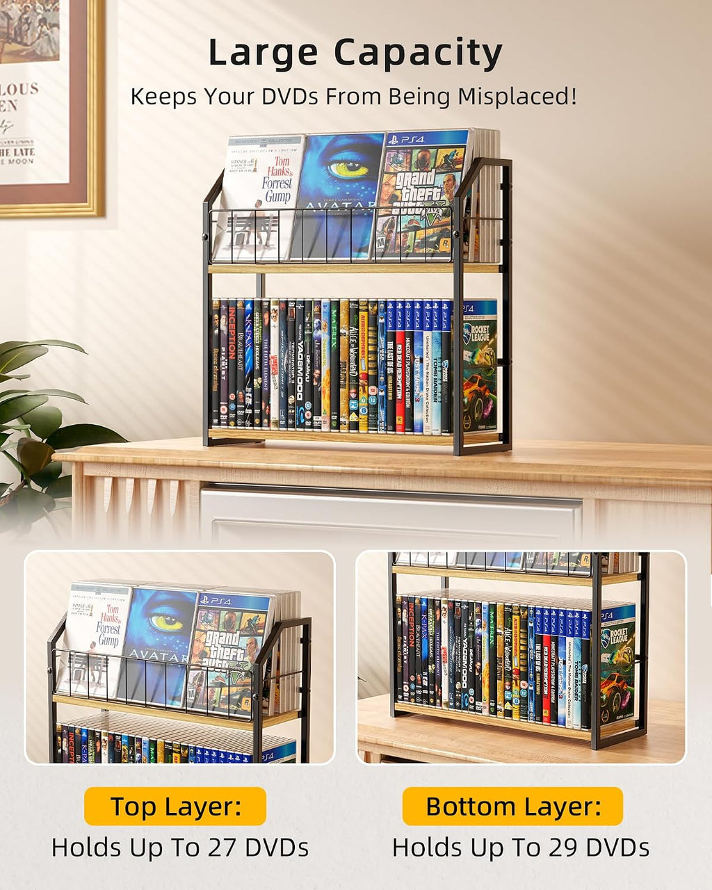 2-Tier DVD Storage Rack, DVD Shelf for Non-slip Feets Max 20 lb | DVD Holder, Blu Ray Storage, Stores Up to 56 DVDs, Display Organizer Tower for Music Enthusiasts, Collection Display Storage