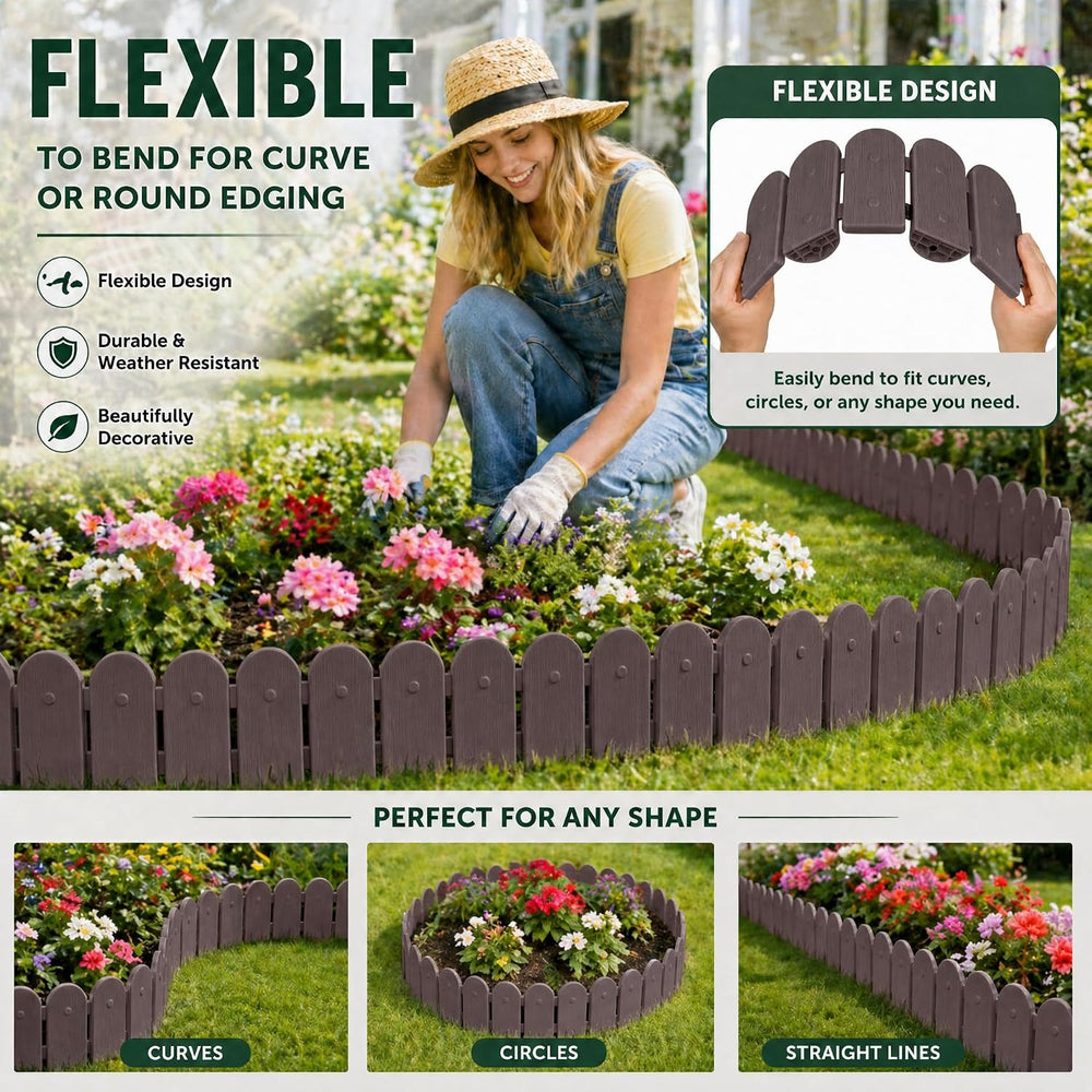 Evelyne Garden Border Plastic Edging: Wooden Fence Design - 16pcs Brown Yard ...