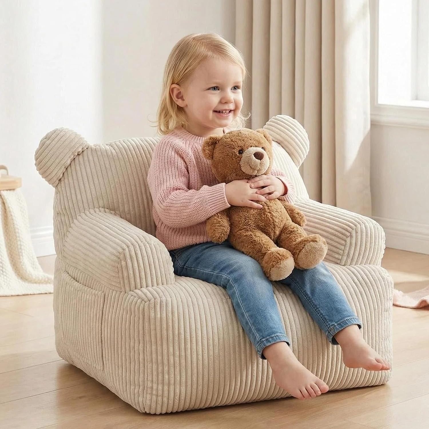 Kids Bear Ear Bean Bag Chair, Stuffed Toddler Sofa Chair with Pocket, Lazy Floor Chair for Boys and Girls, for Gaming, Reading, Nursery Playroom Bedroom