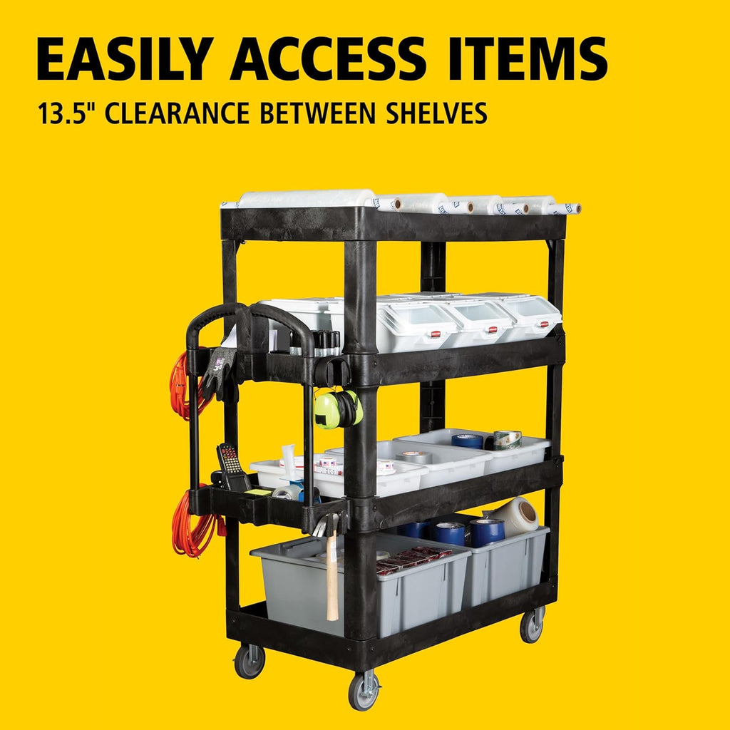 New Rubbermaid Commercial Products 4-Shelf Utility/Service Quad Cart, Heavy Duty Large, Lipped Shelf, Ergonomic Handle, 700 lbs. Capacity, for Warehouse/Garage/Cleaning/Manufacturing (2128657) Black