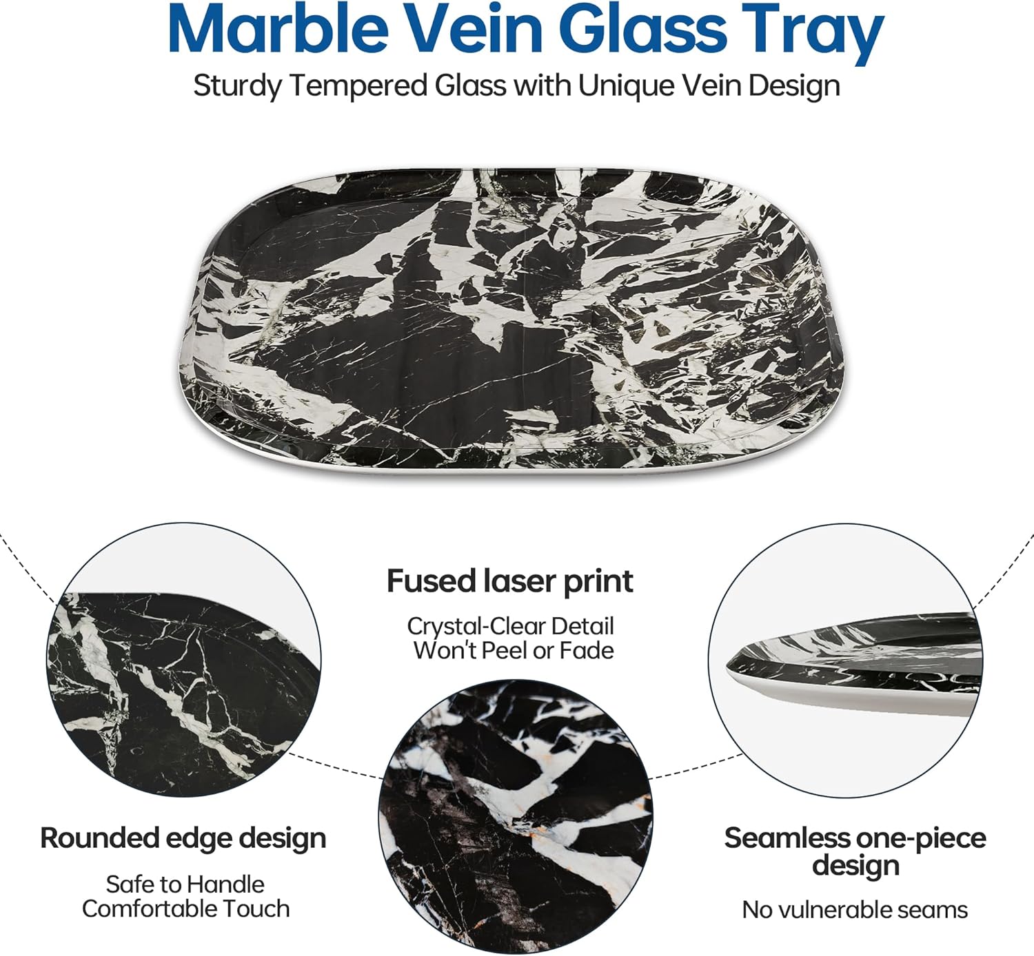 Vanity Decorative Tray, 12" x 12" Black Marble Pattern Perfume Tray, Bathroom Tray Countertop Organizer for Soap Towel, Jewelry, Candle
