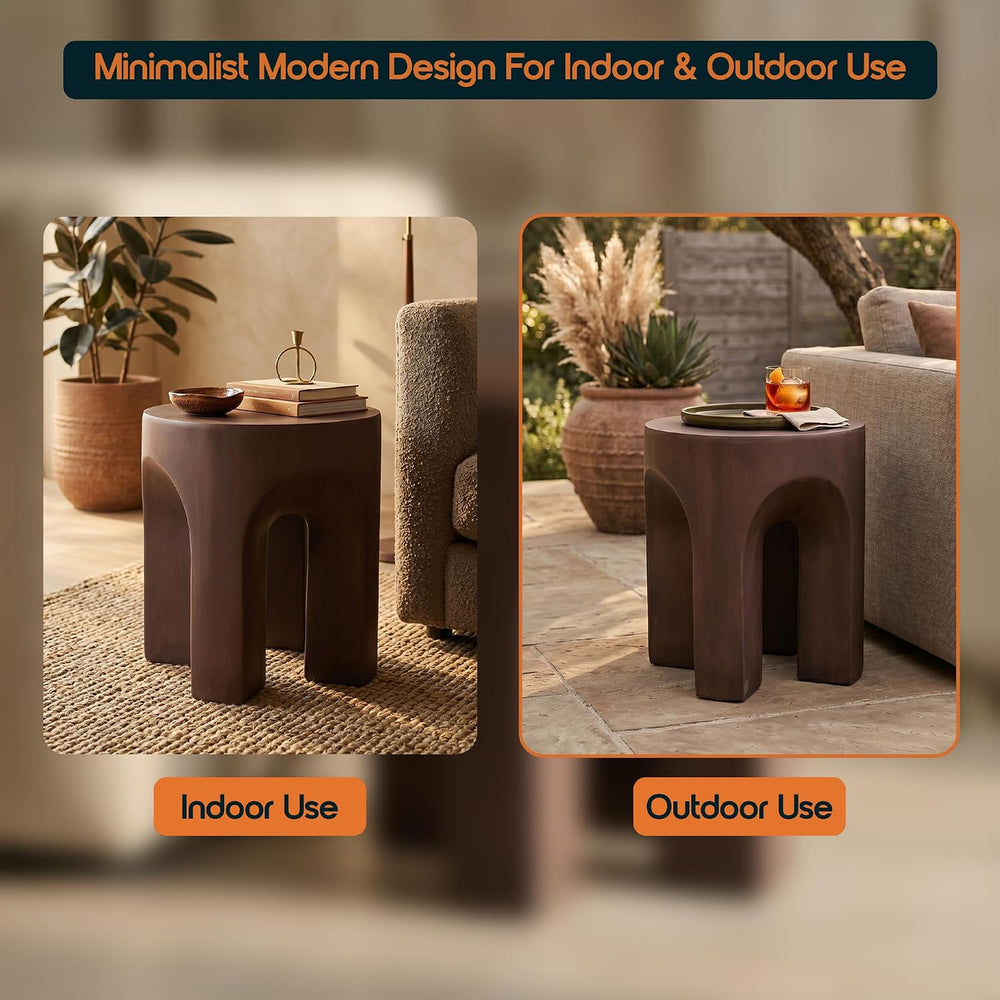 LeisureMod Round Side Table in Fiberstone with Arched Base Design Compact Wea...