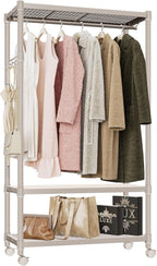 IZEUK Heavy Duty Rolling Garment Rack Wire Clothes Rack for Hanging Clothes, Metal Freestanding Closet Wardrobe Rack 3-Tier Clothing Rack with Wooden Boards Gold 17.7" D x 33.5" W x 70.3" H