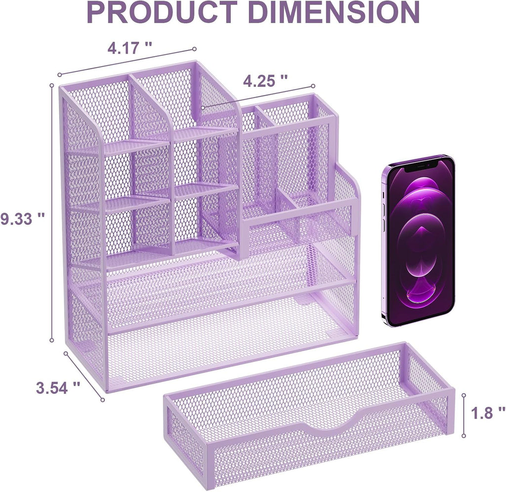 Marbrasse Mesh Pen Holder for Desk, Multi-Functional Pencil Organizer with Drawer, Desk Organizers and Accessories for Office Art Supplies (Purple)