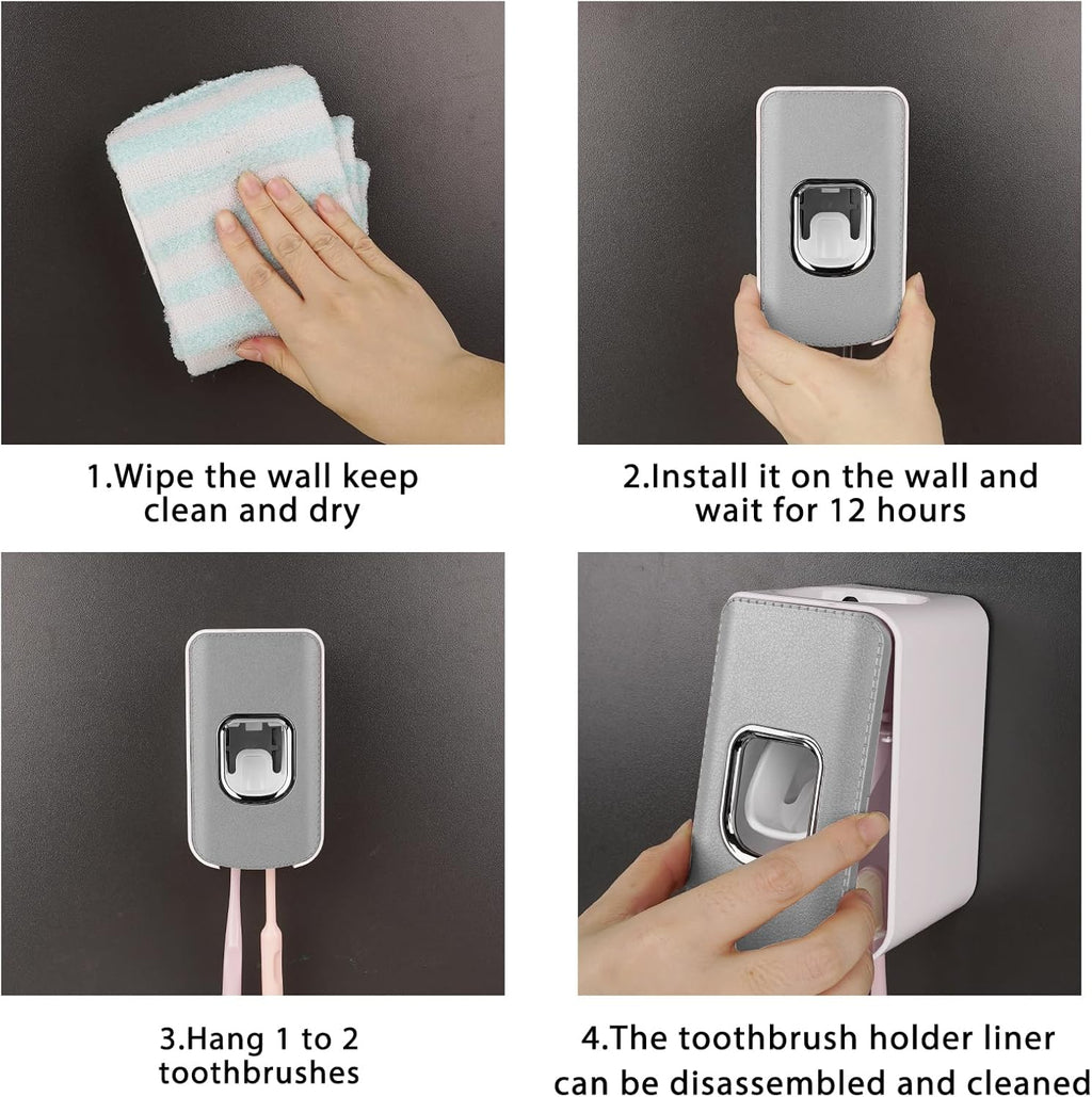 2 Slot Toothbrush Holder and Toothpaste Dispenser Wall Mounted, Automatic Toothpaste Squeezer, 2 in 1 Tooth Brush Toothpaste Organizer for Shower (Grey 2Pack)
