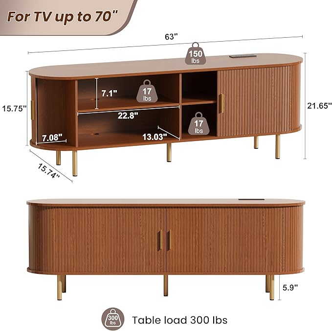 DHH 63 Inch Mid Century Modern TV Stand with Power Outlet for TVs up to 70 Inch, Entertainment Center with Storage and Adjustable Shelves, Media Console with Sliding Doors for Living Room(Walnut)