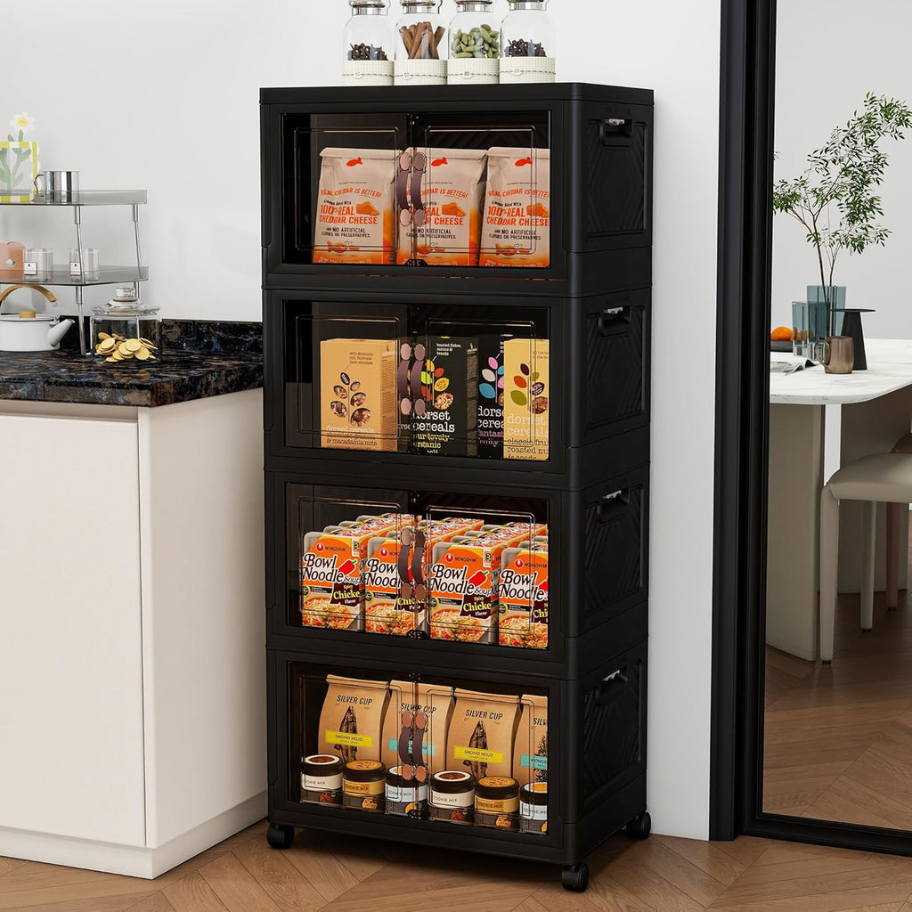 Storage Bins with Lids and Wheels, Collapsible Bathroom Storage Cabinet with Clear Doors, Plastic Stackable Closet Organizers and Storage Containers Black 398 QT