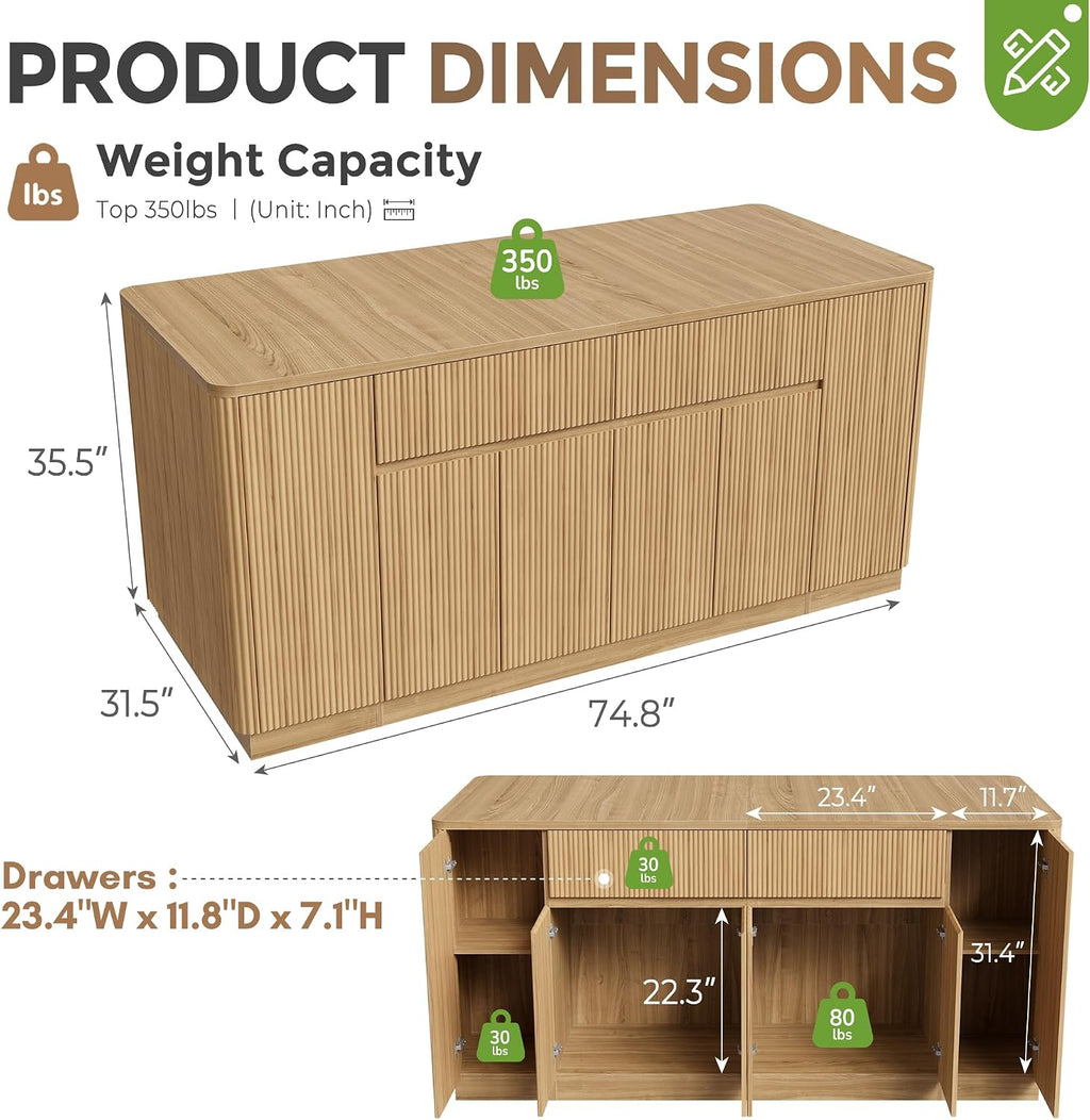 Bobve 74.8" Large Kitchen Island with Storage,Farmhouse Island Table for Kitchen,Wooden Island,Stationary Featuring 2 Drawers and 6 Closed Storage Compartment