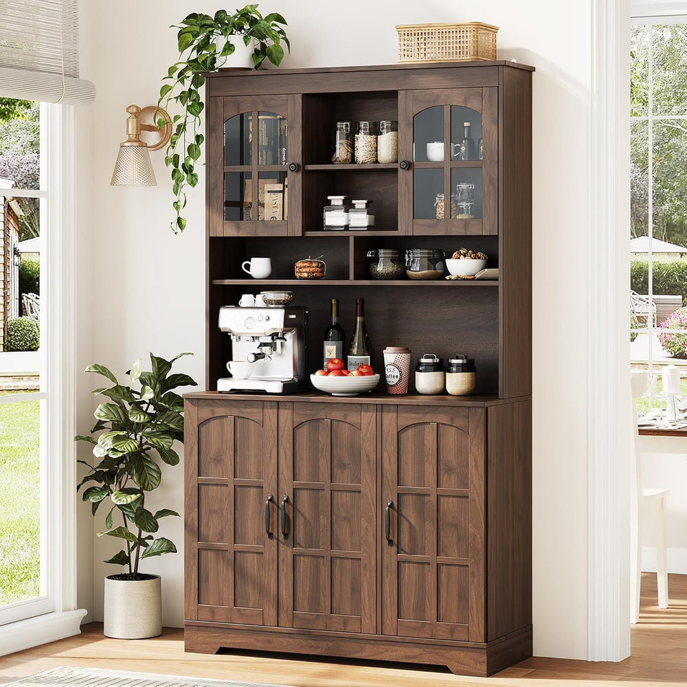 70.9" Tall Kitchen Pantry Cabinet with Glass Doors and Hutch, Freestandi...