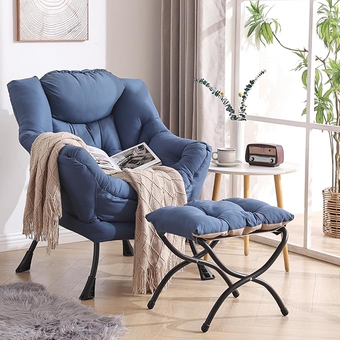 Welnow Lazy Chair with Ottoman, Modern Lounge Accent Chair with Armrests and a Side Pocket, Leisure Sofa Armchair, Reading Armchair with Footrest for Small Space, Royal Blue