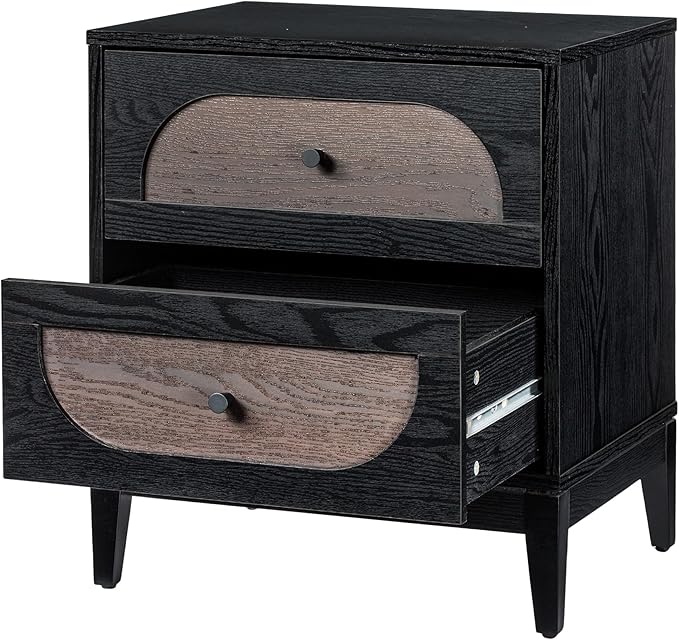 Sango Arch 2-Drawer Nightstand, Modern Black Wood Bedside Table with Two-Tone Finish, Storage Drawers, Sturdy Legs, Minimalist Stylish Furniture for Contemporary Homes