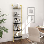 Axeman 5-Tier Ladder Bookcase, Tall Narrow Bookshelf for Small Spaces, Modern Book Storage Organizer Case Open Shelves for Bedroom, Living Room, Office, Library, Gold Metal Frame and Blakc Shelf
