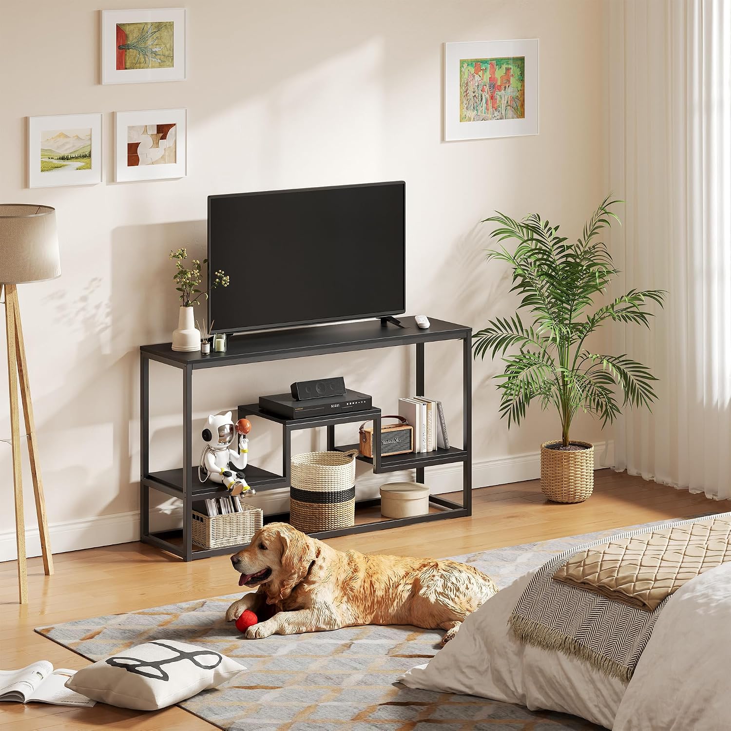 YOUDENOVA TV Stand for 47" TV, 3-Tier Storage Shelves, Black | Industrial TV console with open storage shelves, ideal for TVs up to 55" in living room.