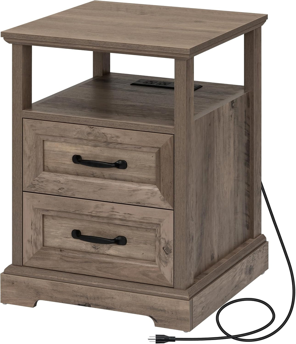 HOMMPA 18'' W Farmhouse Nightstand with Charging Station, Bedside Tab...