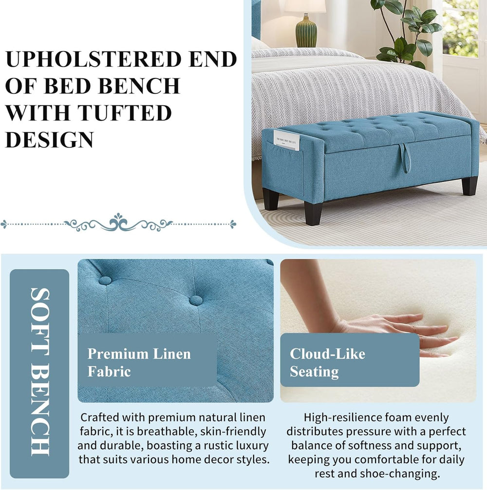 Modern Storage Ottoman Bench, Linen Upholstered End of Bed Bench with Tufted ...
