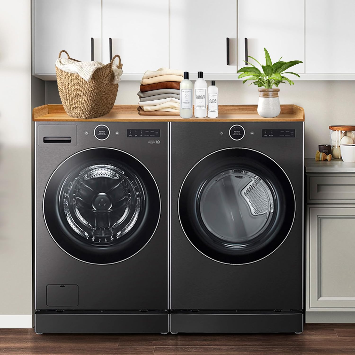 Royxen Washer Dryer Countertop with Solid Wood Core,54“W x 27.5D Laundry Countertop with Edge Rails,Washer and Dryer Topper for Laundry Room Organization (Oak)