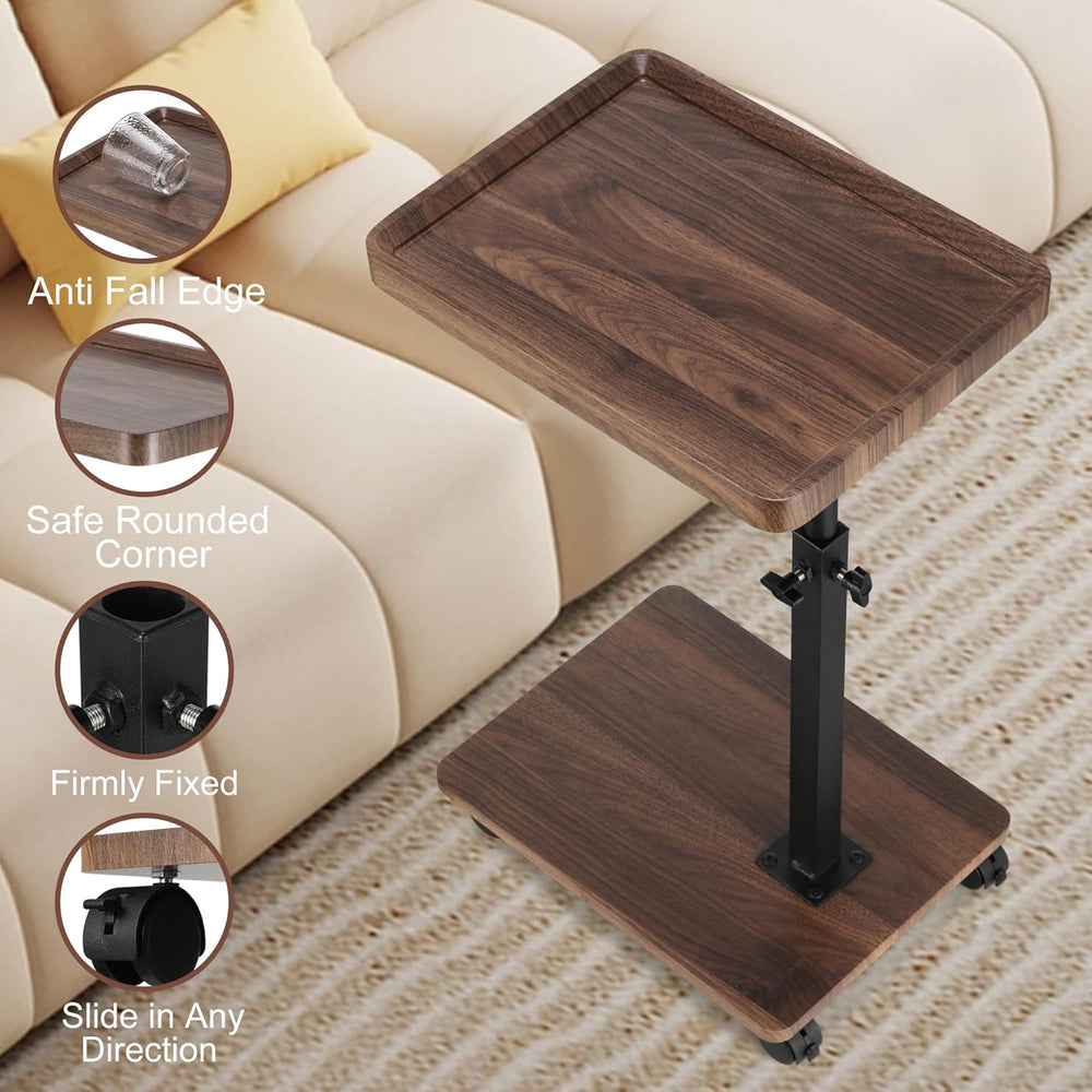C Shaped End Table for Couch, Adjustable Height C Shaped Side Table with Whee...