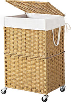Chrislley 90L Slim Laundry Hamper with Wheels, Rolling Laundry Basket with Lid and Renovable Liner Bag, Handwoven Rattan Organizer for bedroom, bathroom, laundry room (Yellow)