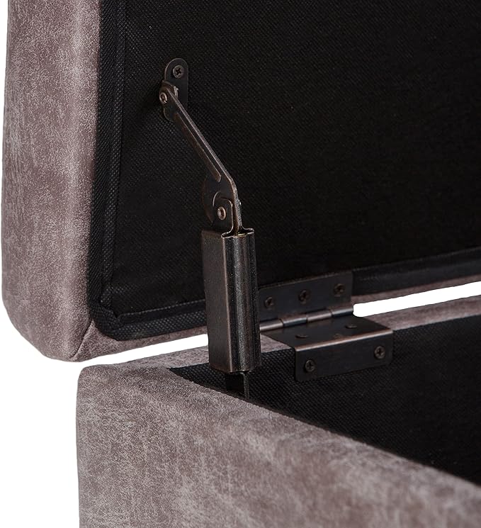 SIMPLIHOME Owen 34 inch Wide Mid Century Modern Rectangle Coffee Table Storage Ottoman in Distressed Grey Taupe Vegan Faux Leather, Assembled, for the Living Room, Entryway and Family Room