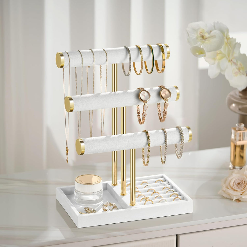 3 Tier Bracelet Holder Display - Detachable T Bar White Velvet Bracelet Holder, Jewelry Holder Organizer for Bracelet, Necklace, Watches, Rings