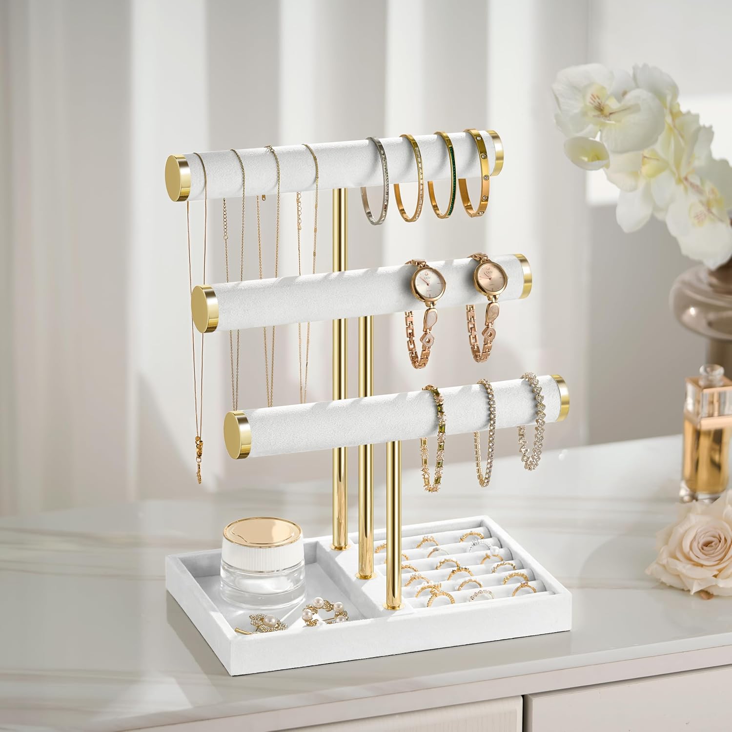 3 Tier Bracelet Holder Display - Detachable T Bar White Velvet Bracelet Holder, Jewelry Holder Organizer for Bracelet, Necklace, Watches, Rings