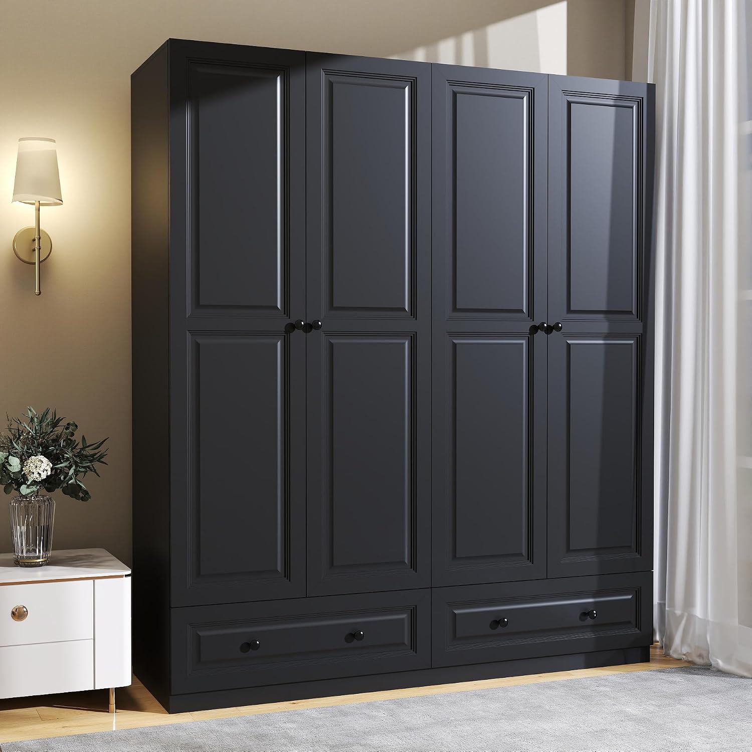 Armoire Wardrobe Closet with Doors: 74" Large Wardrobe Closet with 2 Drawers and 4 Doors, Modern Black Bedroom Armoires, Tall Closet Cabinet for Hanging Clothes (Black, 63")