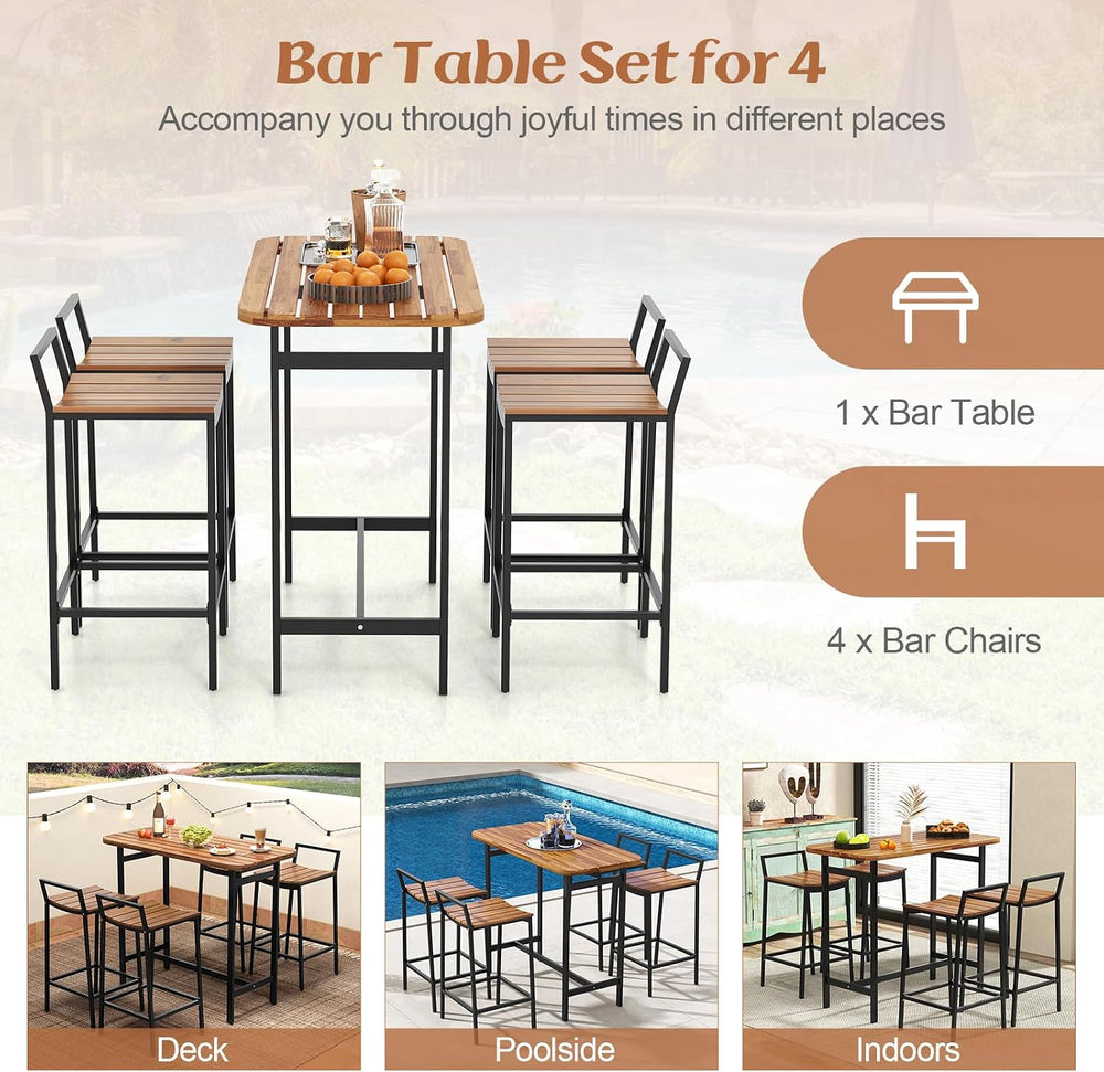 Tangkula 5 Piece Acacia Wood Bar Table Set, Outdoor Bar Height Table & Ch...