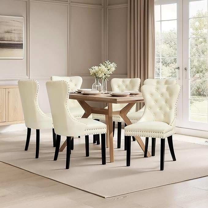 SyMax Dining Chairs Set of 6, Faux Leather Parson Dining Room Chairs, High-End Tufted Kitchen Side Chairs for Bedroom, Living Room, White