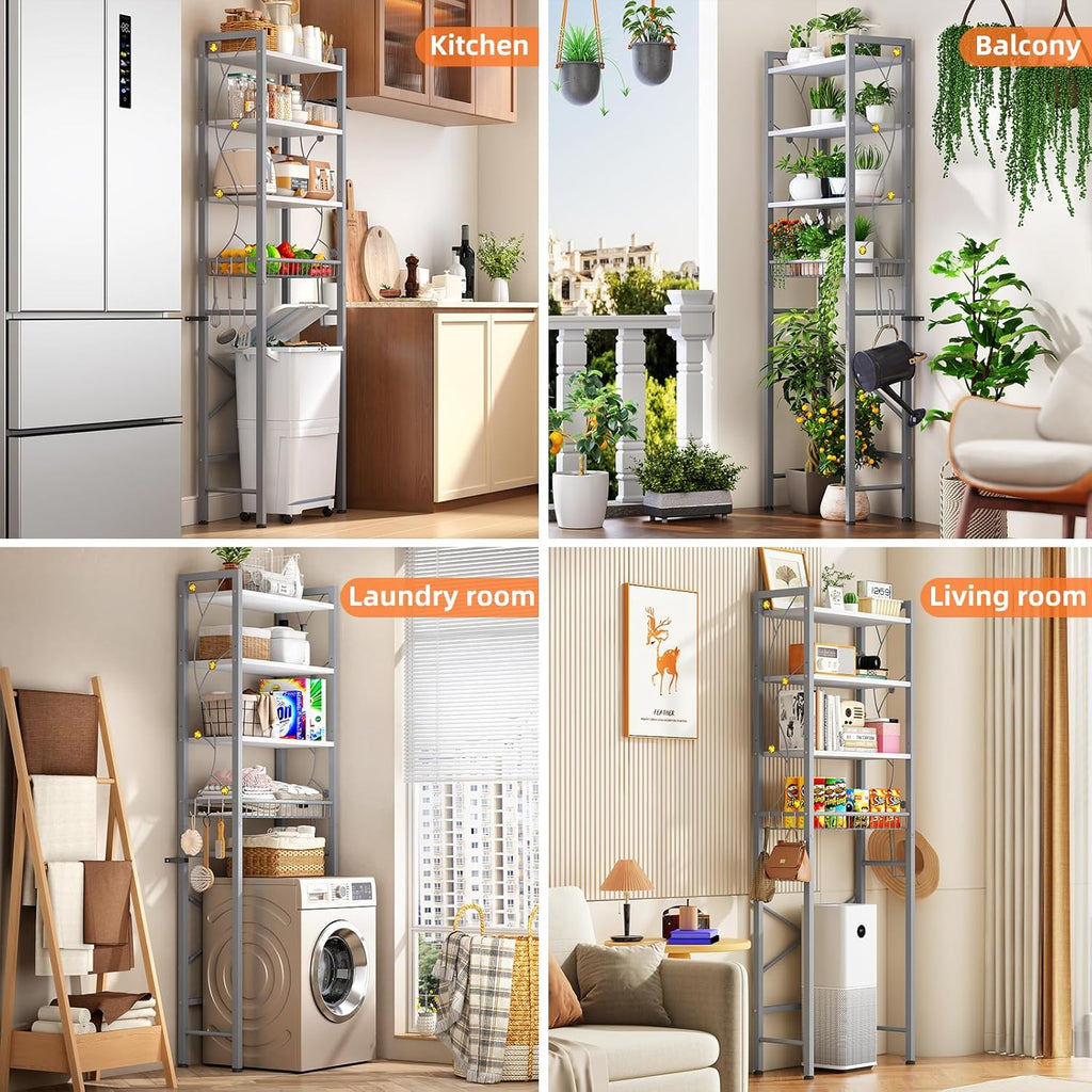 Over-The-Toilet Storage Rack, 4-Tier Bathroom Organizer Shelf Over Toilet with Adjustable Shelf and Basket, Freestanding Space Saver Bathroom Shelves Above Toilet for Room (Gray White)