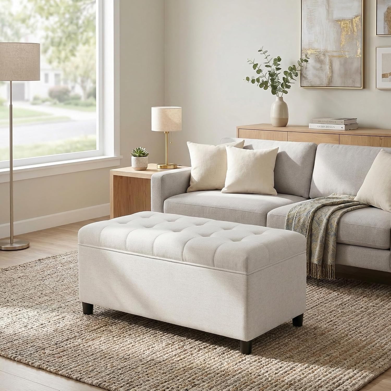 Storage Ottoman Bench 35 inch Linen Bench for Living Room | Multi-functional Ottoman with Storage with Hinged Lid for Bedroom End of Bed, Entryway Shoe Seat Easy Assembly, Linen Beige