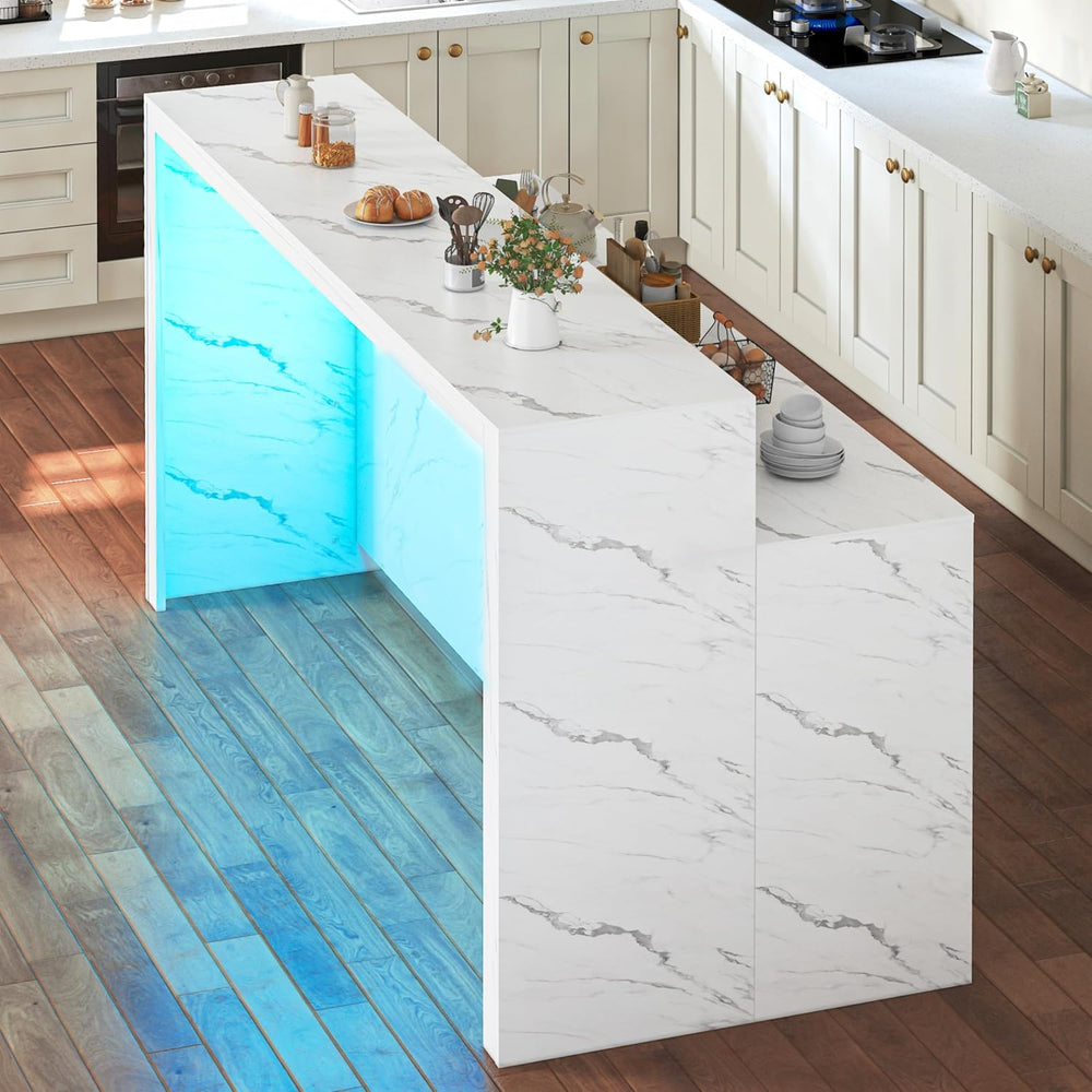 70.9" Large Faux Marble Dining Table with LED Lights, White Counter Heig...