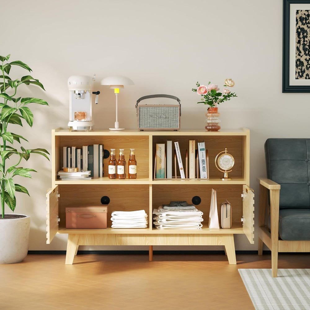 Fluted Buffet Sideboard Oak, Modern Storage Cabinet w/Cord Cutout, Accent Cab...