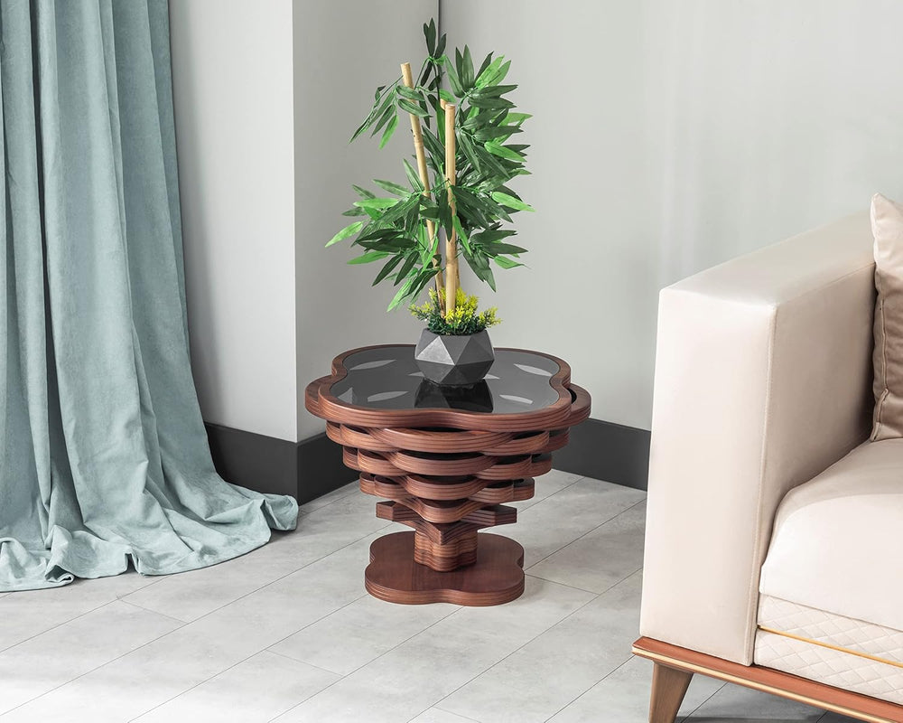 Cloud Side Modern Wood Side Table – Layered Cloud-Like Shape with Smoked Glas...