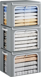 Yecaye Clothes Storage Bins with Metal Frame, 40L Foldable Clothing Storage Bins with Lid, Stackable Zippered Clothes Storage Bags, Oxford Fabric Organizer Box With Clear Window＆ PU Leather Handles
