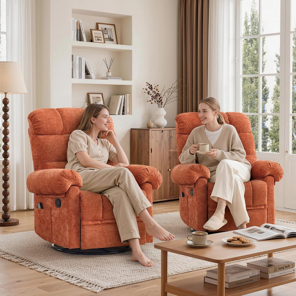 Korser 360° Swivel Rocker Recliner Chair, Rocking Chair Nursery with Massage and Heat, Small Recliners for Small Space, Manual Reclining Chair with Cozy Chenille Fabric, Side Pockets for Living Room