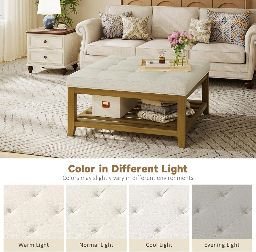 Befurtori Large Square Ottoman Coffee Table, Linen Solid Upholstered Footrest...