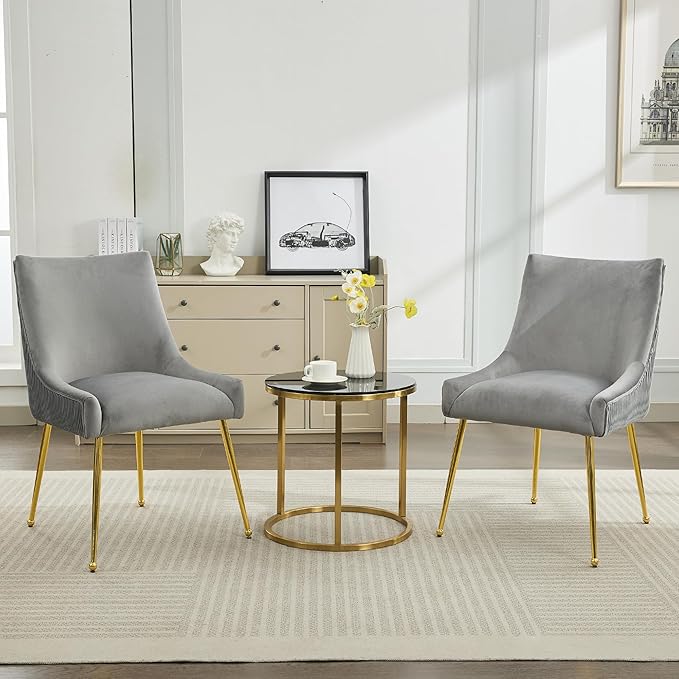 Velvet Dining Chairs Set of 2 Gold Legs,Upholstered Velvet Accent Chairs, Pleated Back Design & Gold Pull Handle, Mid Century Modern Chairs for Dining/Kitchen/Living Room,Light Grey