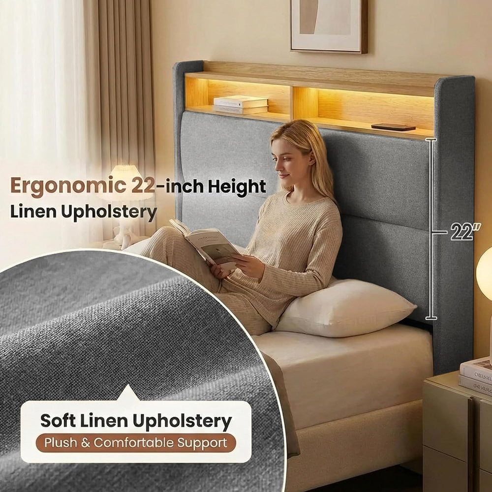 Queen Size Upholstered Bookcase Bed Frame, 51.8-Inch Headboard, Grey