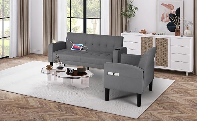 AILEEKISS 2 Piece Living Room Sofa Set 56" W Loveseat Sofas with 2 USB and Removable Armrests, Modern Fabric, 2 Pcs Sectional Couches Set for Apartment, Small Space, Dark Grey