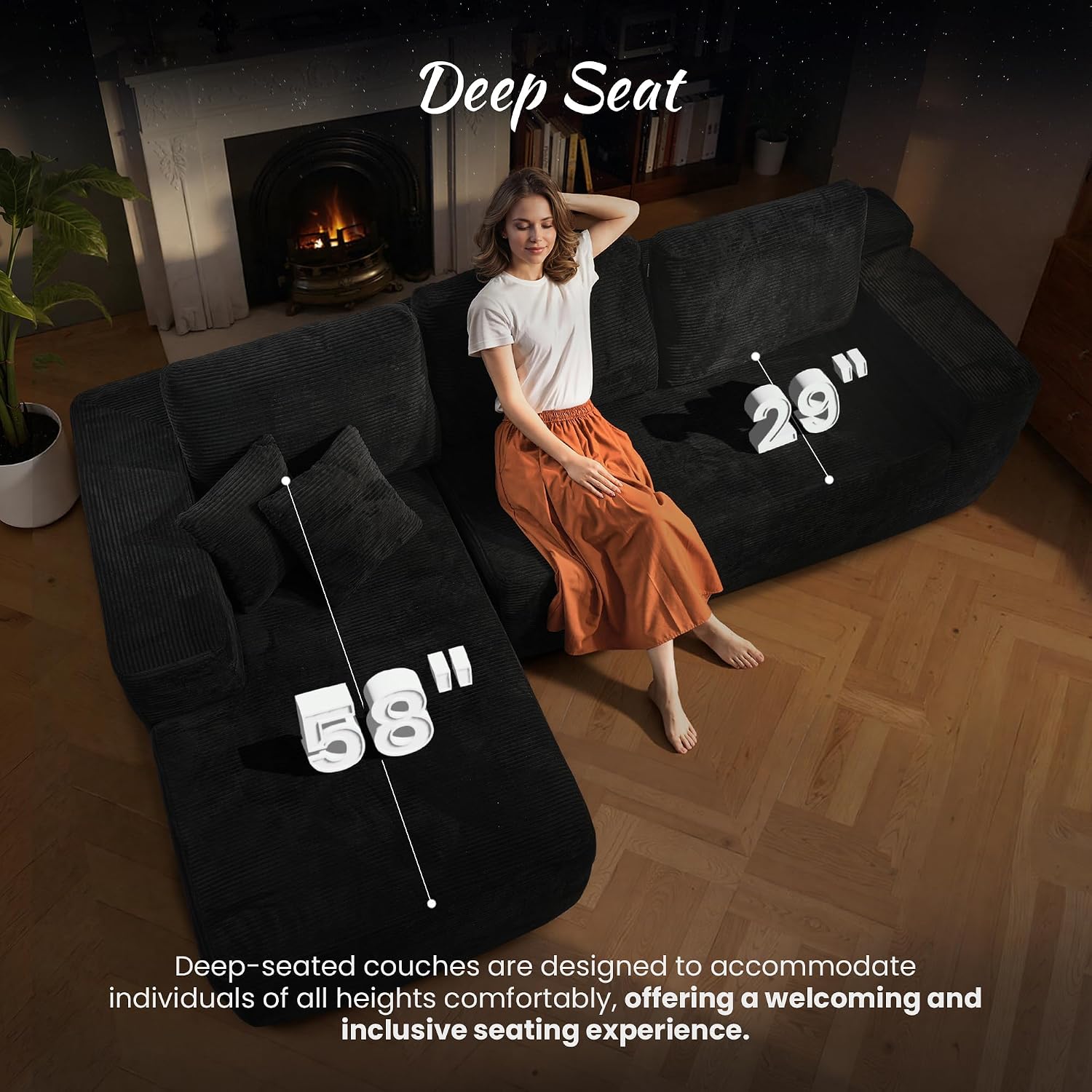 ovios 104" Cloud Boneless Couch with Glitter Fabric, Moudular Sectional Sofa with Deep Seat, No Assembly Required, Modern Minimalist L Shaped Couches with Chaise for Living Room, Black
