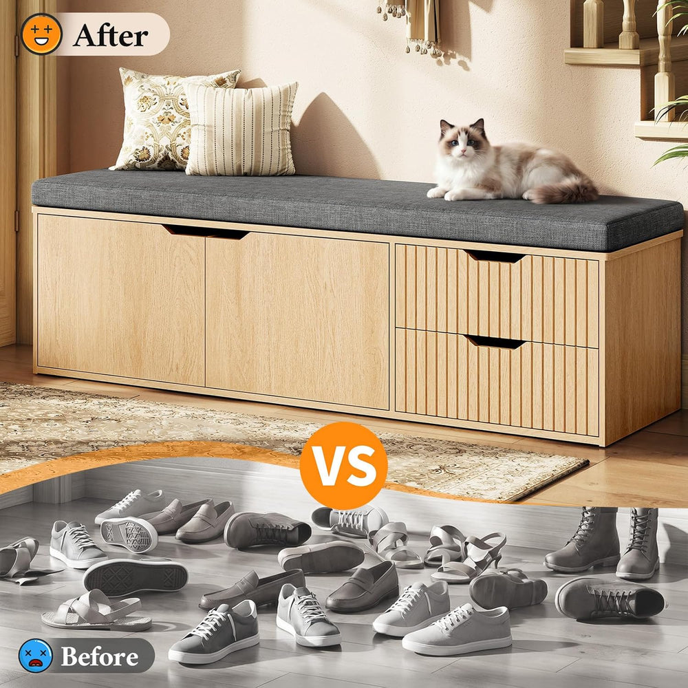 59" Storage Bench with Drawer, 2-Tier Shoe Bench with Doors, Long Entryw...