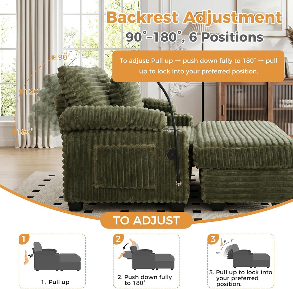 Oversized Chaise Lounge Chair with Adjustable Backrest, Movable Storage Ottom...