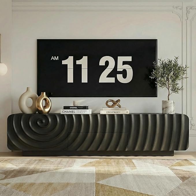 58'' TV Stand for 65 Inch TV, Modern Spiral Wave Media Console with Storage Cabinet and 2 Drawers, Low Profile Entertainment Center for Living Room Bedroom (Black)