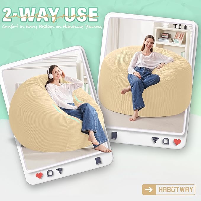 HABUTWAY 4FT Bean Bag Chair,Giant Bean Bag Chairs for Adults,Big Bean Bags wi...